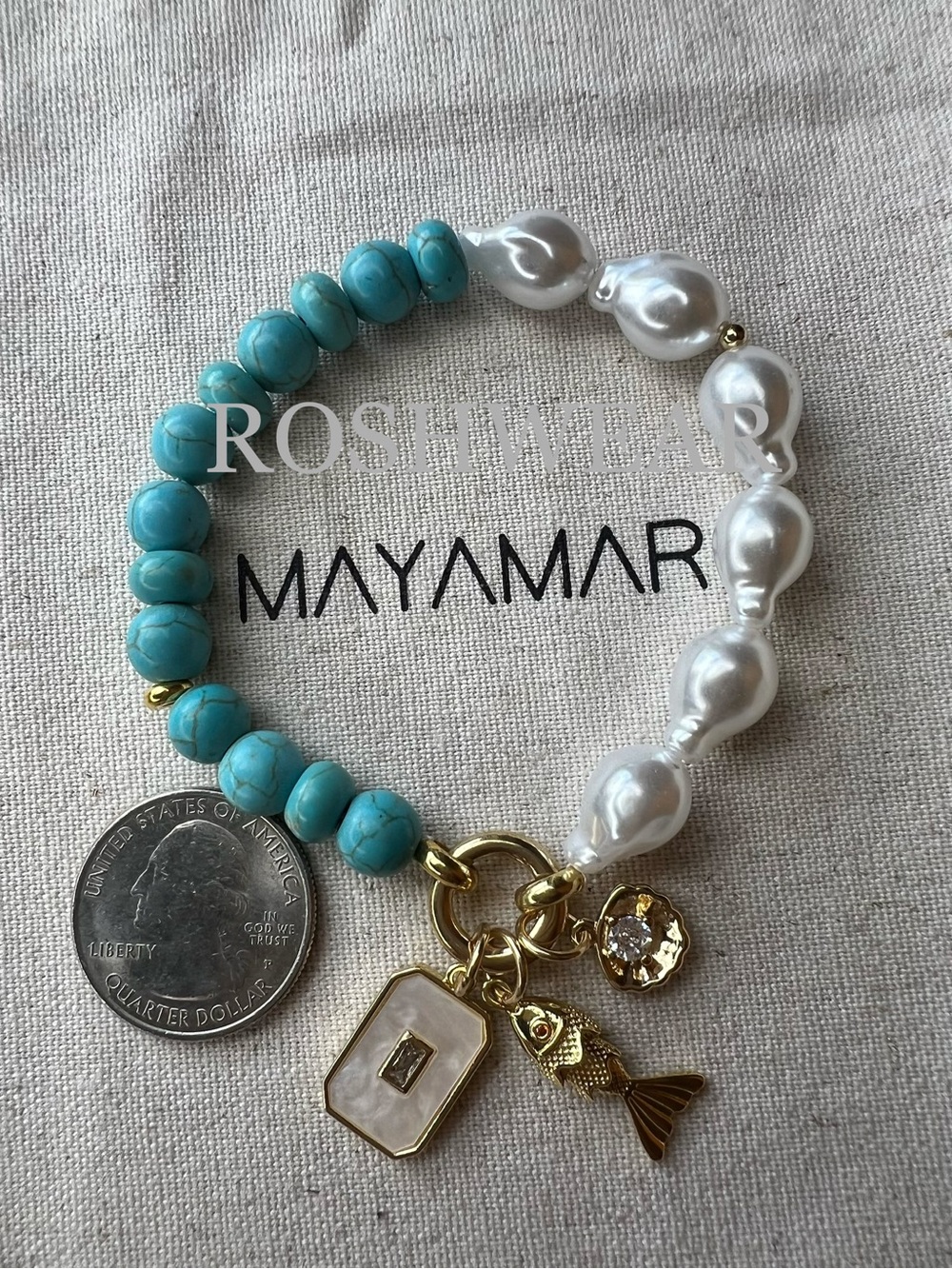 Carabiner Turquoise & Pearl Charm Bracelet with Gold Accents NWOT - Picture 4 of 9